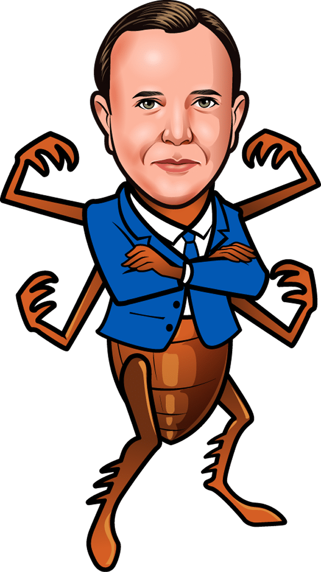 Caricature of attorney Andres Beregovich as a bed bug, arms crossed